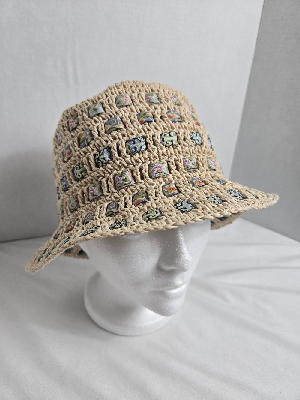 The Cap Crochet Raffia Straw Bucket Hat Woven Square Multi Color Sun Hat Size OS